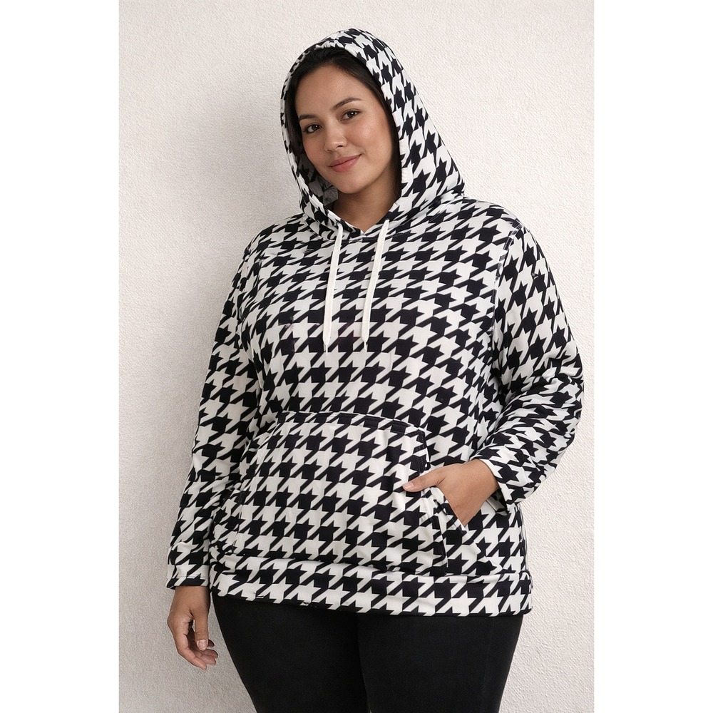 Womens‎ Houndstooth Hoodie 1XL Black White Pullover Kangaroo Pocket Whimsigoth